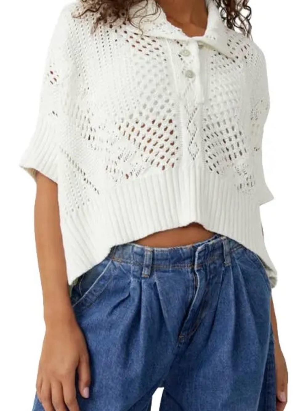 Free People To The Point Open Stitch Polo Sweater Size Medium Looks Brand New